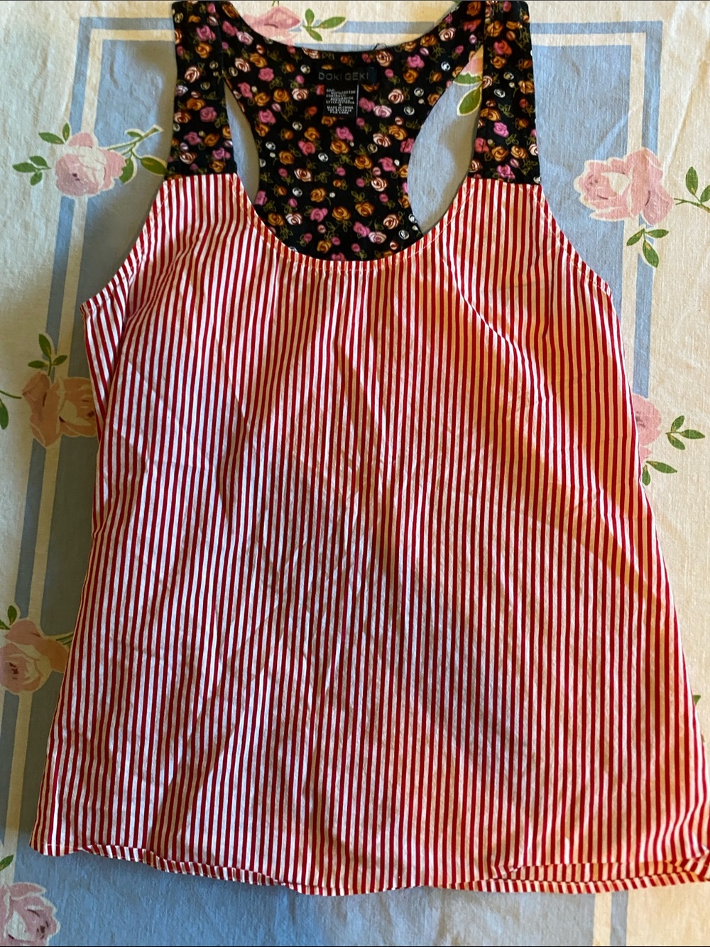 Floral & Stripe Racerback Tank Top - Red/Black